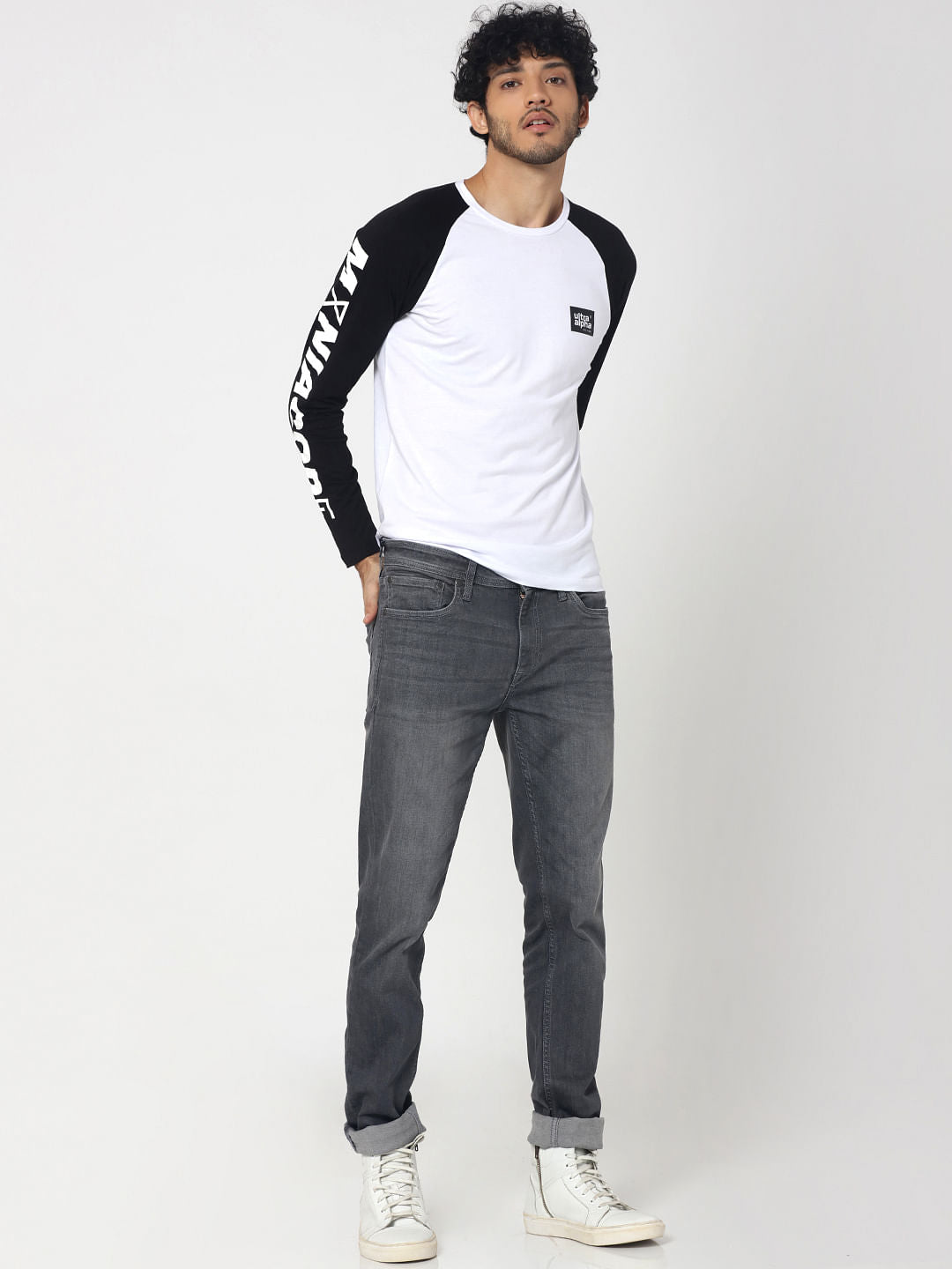 Black & White Logo Print Full Sleeves Crew Neck T-Shirt