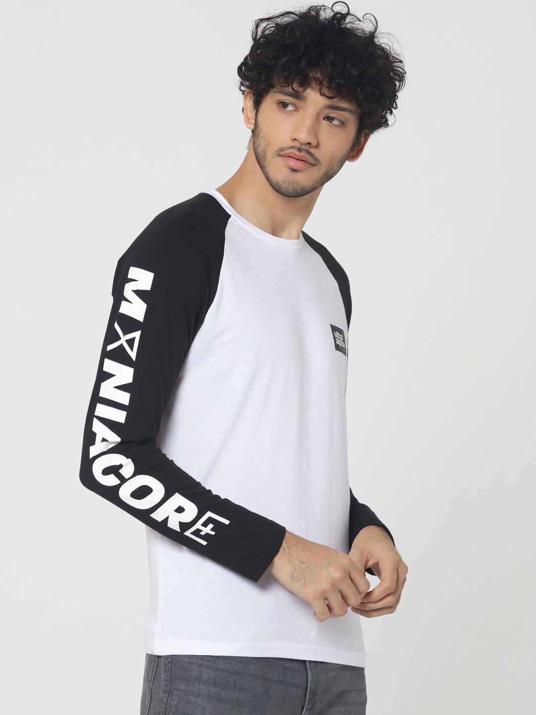 Black & White Logo Print Full Sleeves Crew Neck T-Shirt