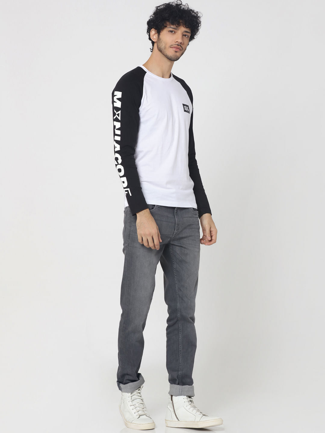 Black & White Logo Print Full Sleeves Crew Neck T-Shirt