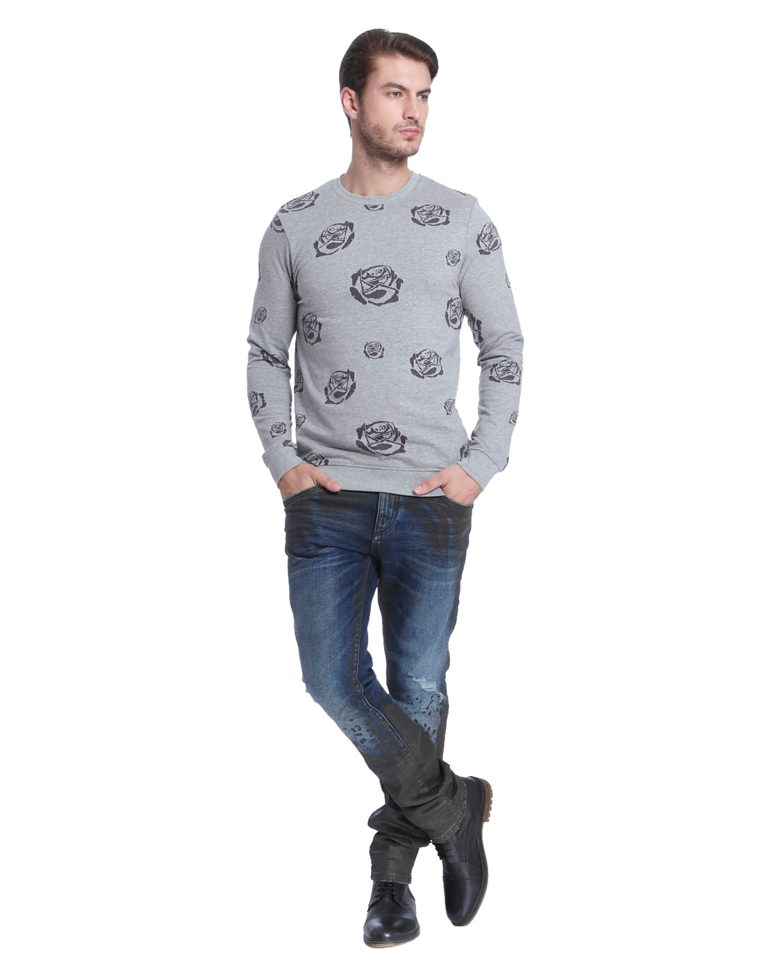 Light Grey Rose Print Sweatshirt