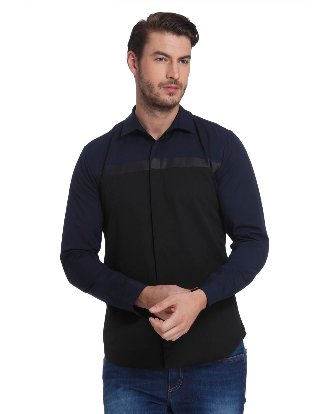 Navy Blue Colour Blocked Slim Fit Shirt
