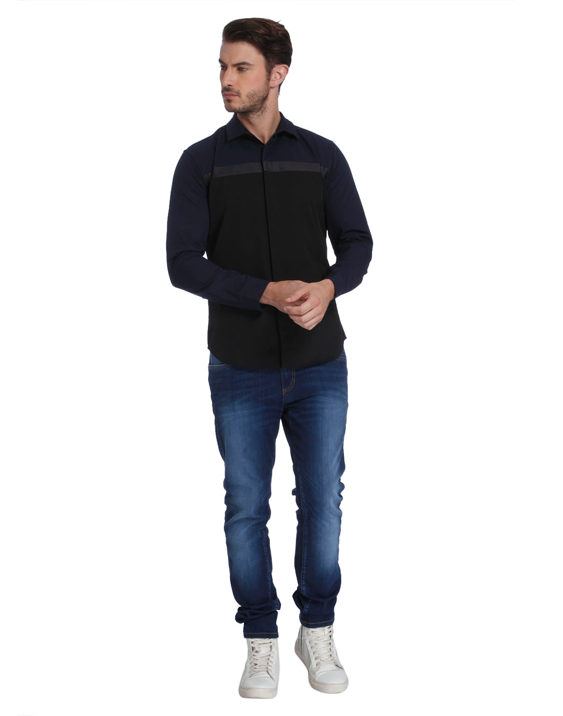 Navy Blue Colour Blocked Slim Fit Shirt