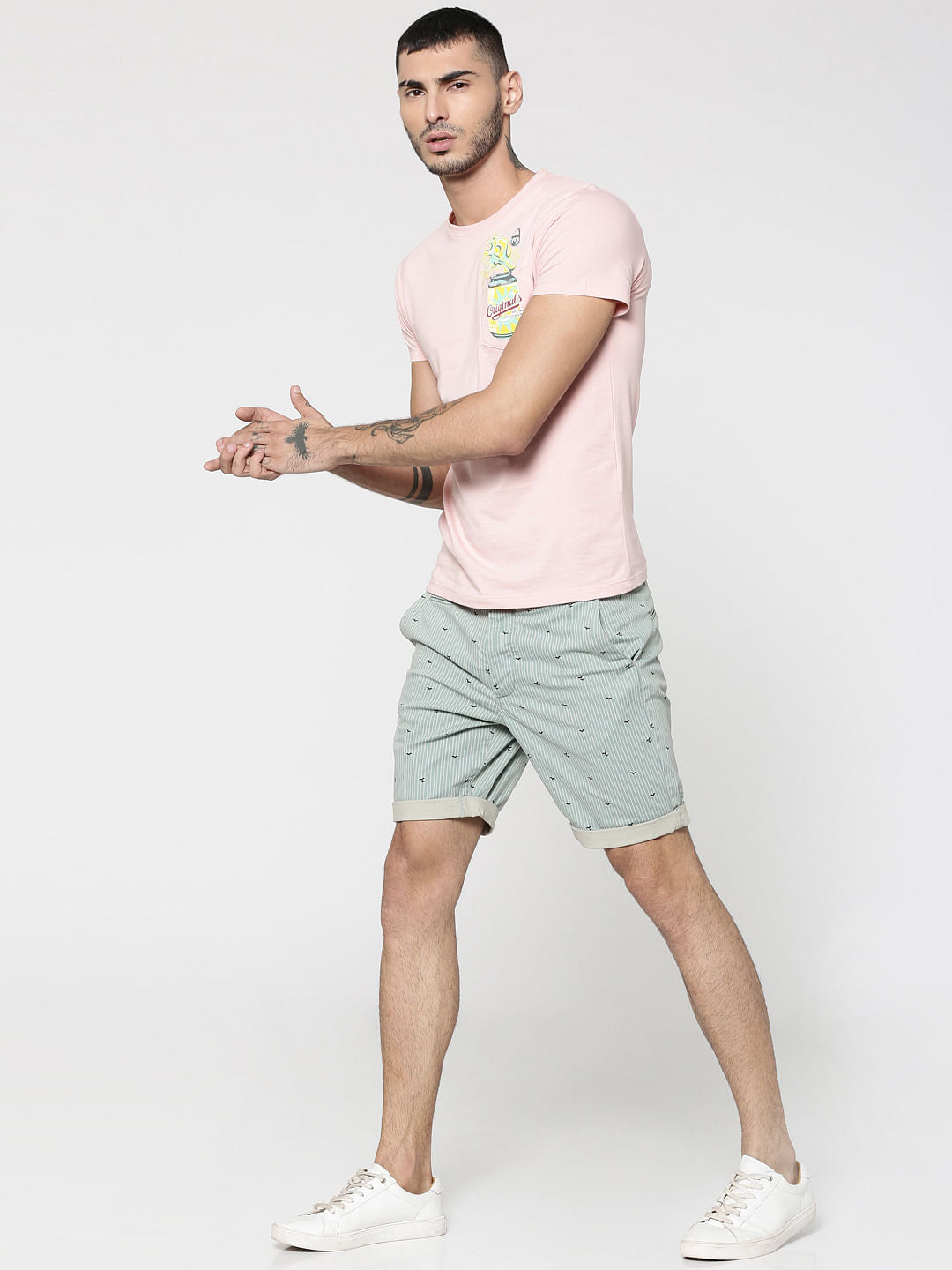 Green Striped Bird Print Chino Slim Shorts