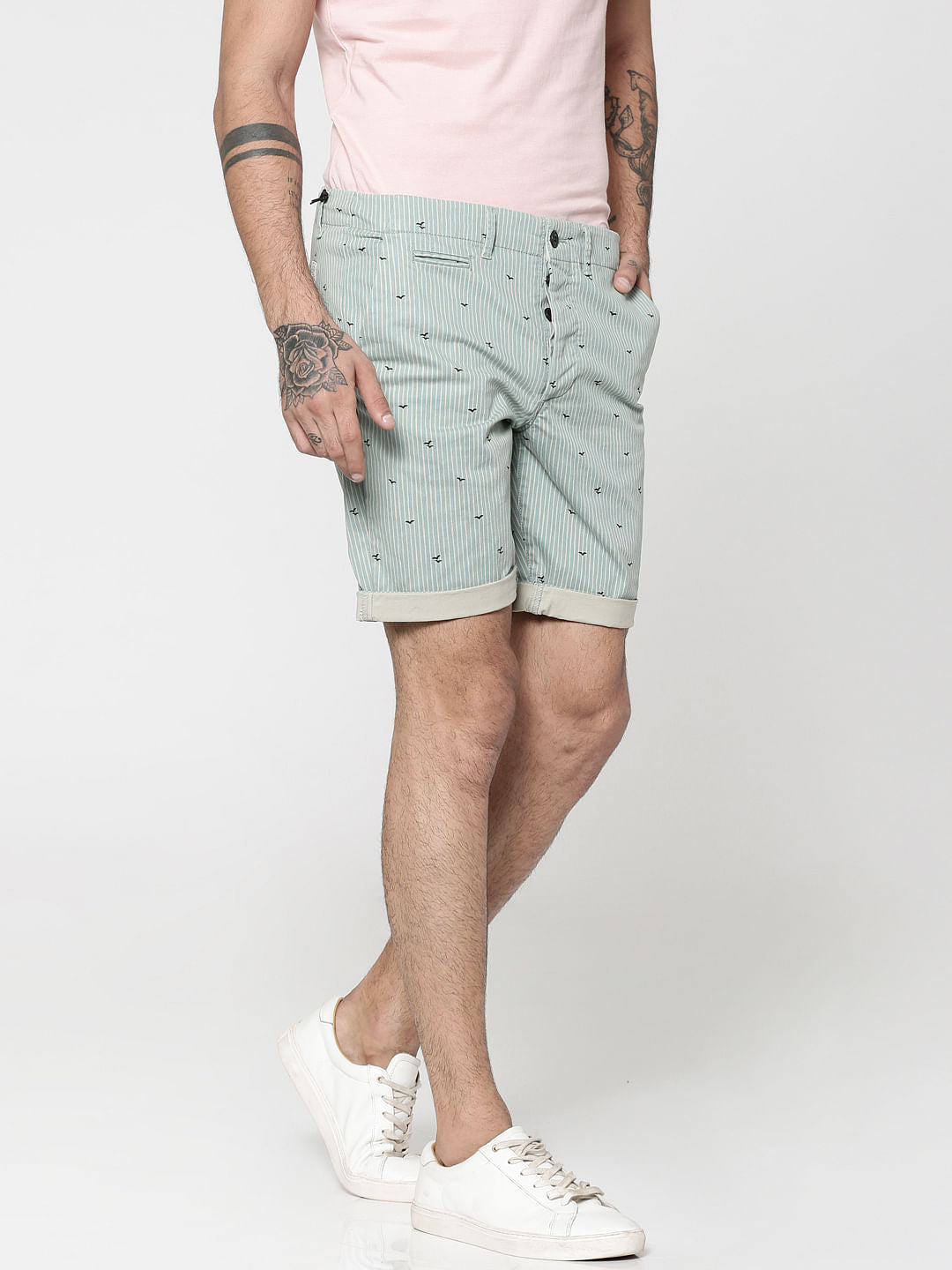 Green Striped Bird Print Chino Slim Shorts