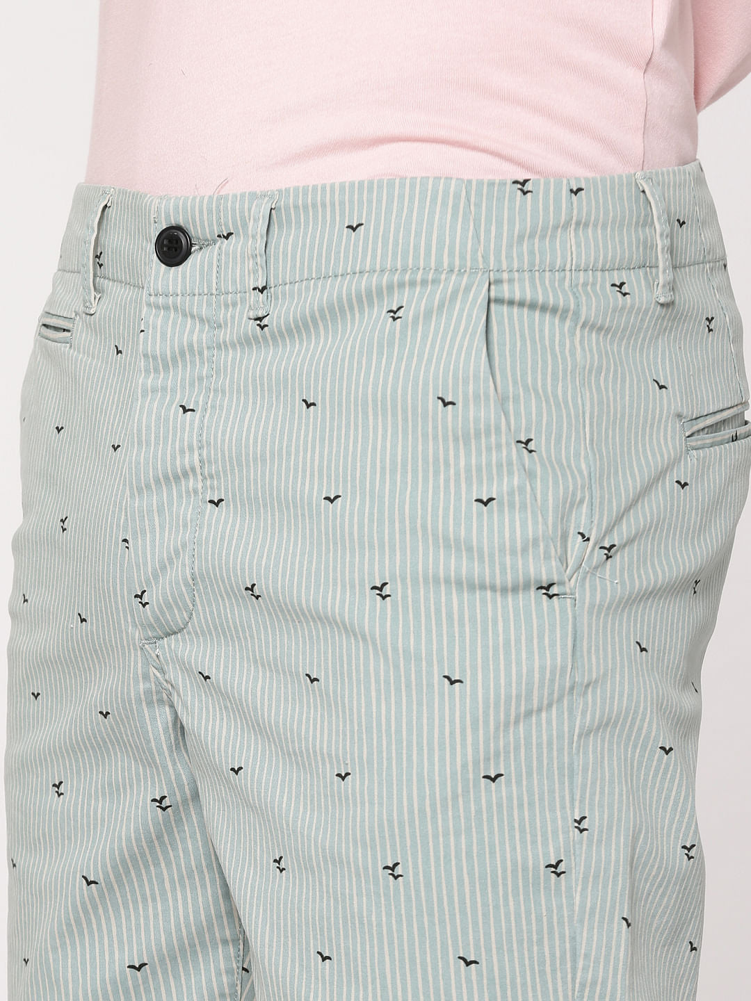 Green Striped Bird Print Chino Slim Shorts