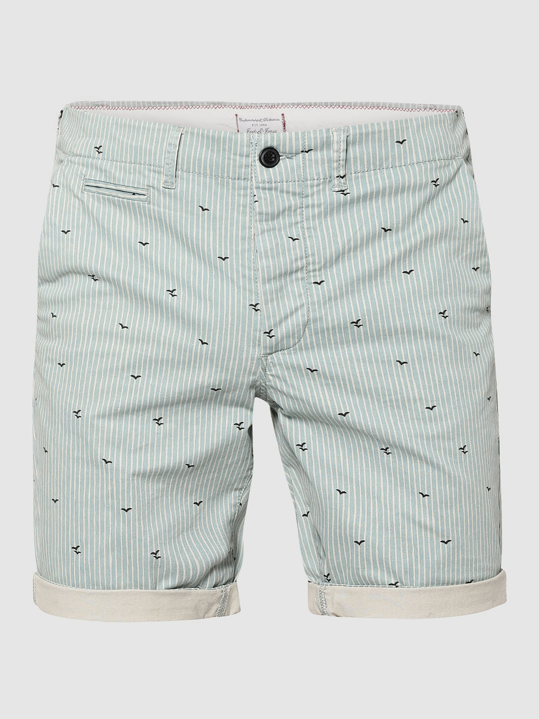 Green Striped Bird Print Chino Slim Shorts