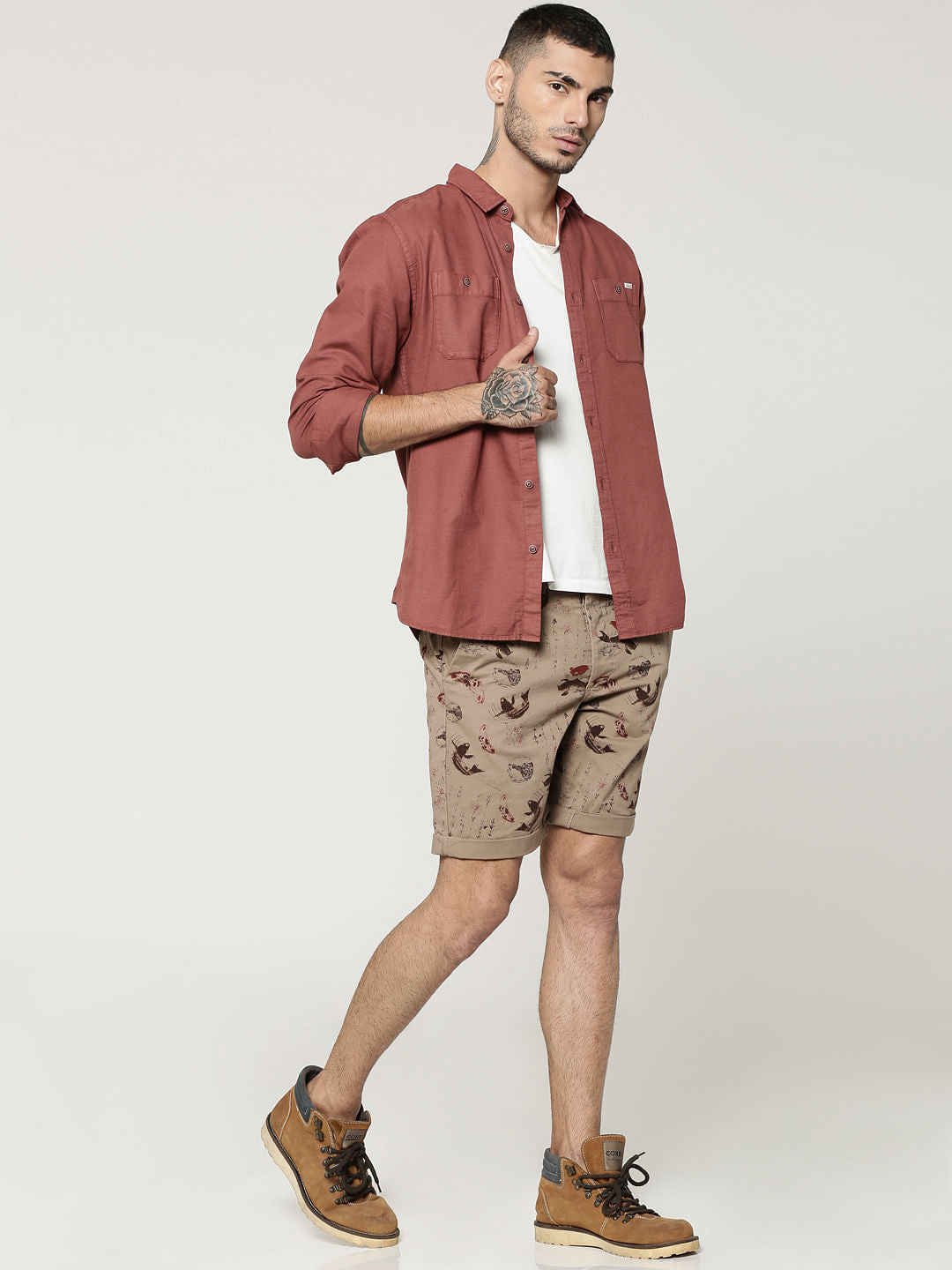 Brown All Over Printed Chino Slim Shorts