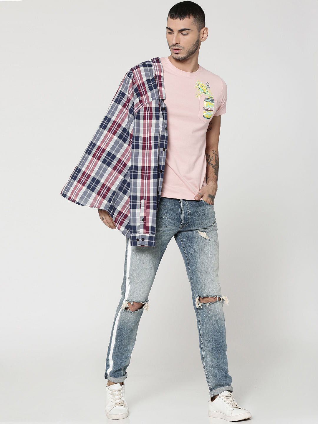 Pink Can Print Patch Pocket Crew Neck T-Shirt