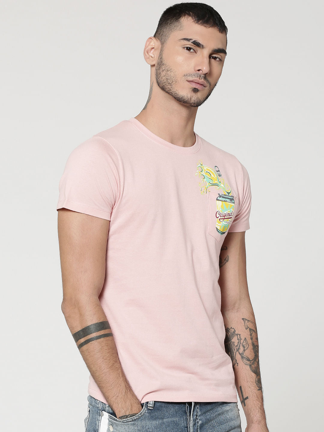 Pink Can Print Patch Pocket Crew Neck T-Shirt