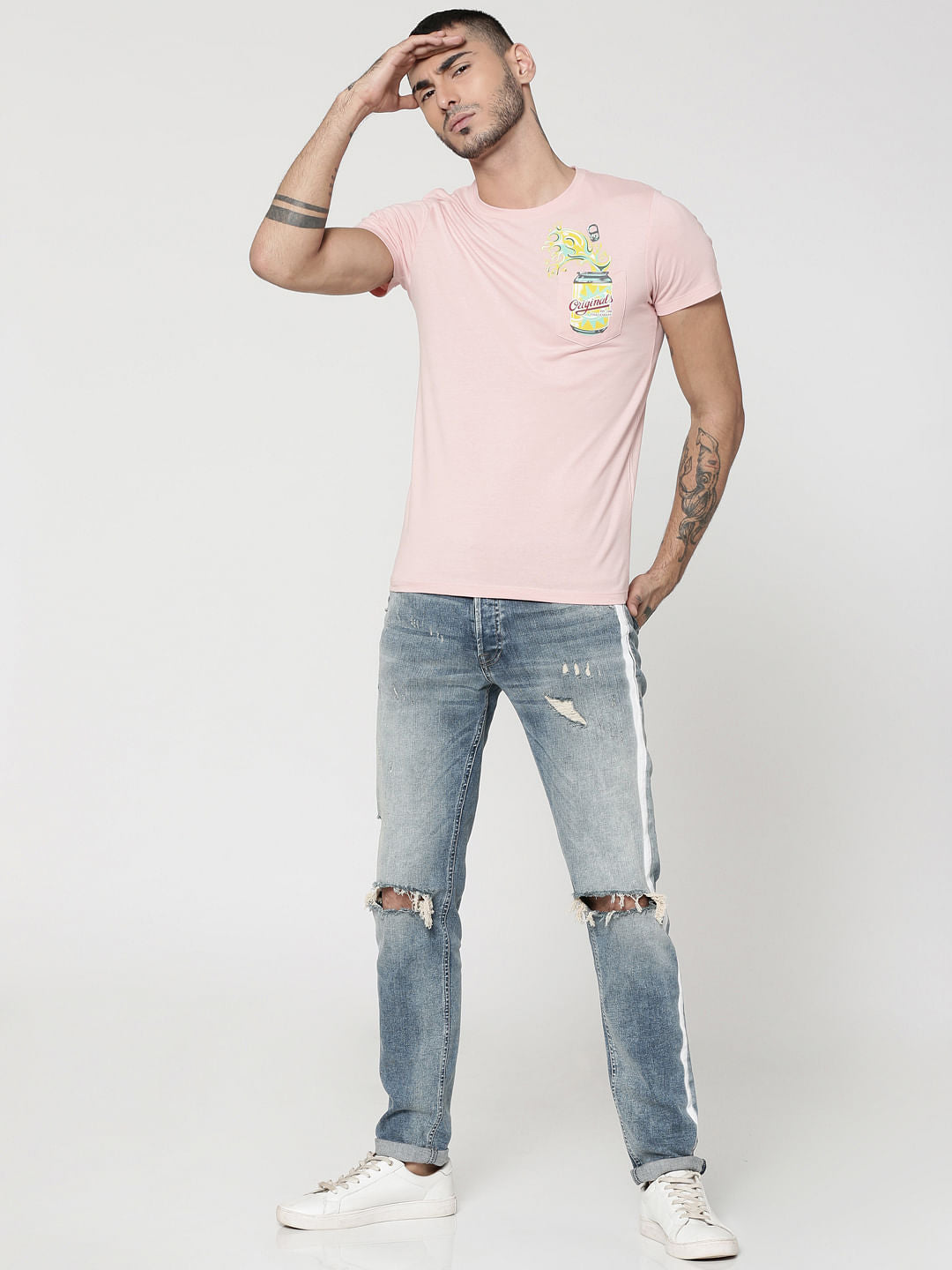 Pink Can Print Patch Pocket Crew Neck T-Shirt