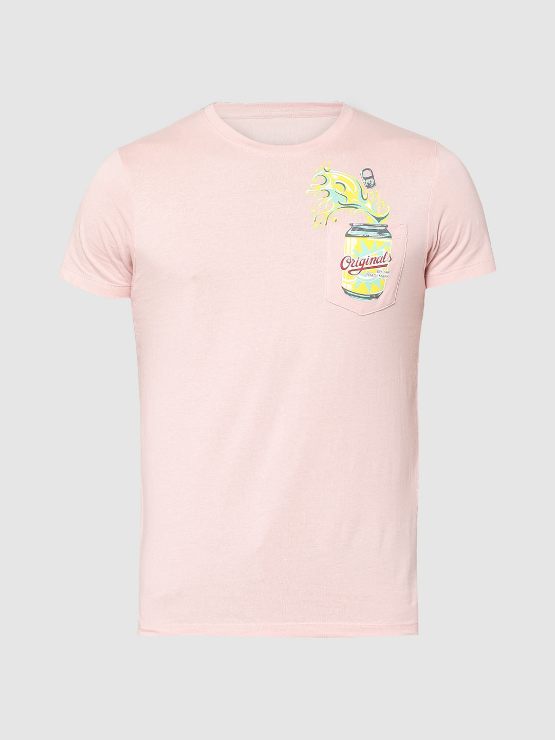 Pink Can Print Patch Pocket Crew Neck T-Shirt