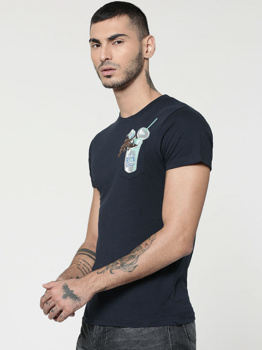 Dark Blue Straw Glass Print Crew Neck T-Shirt