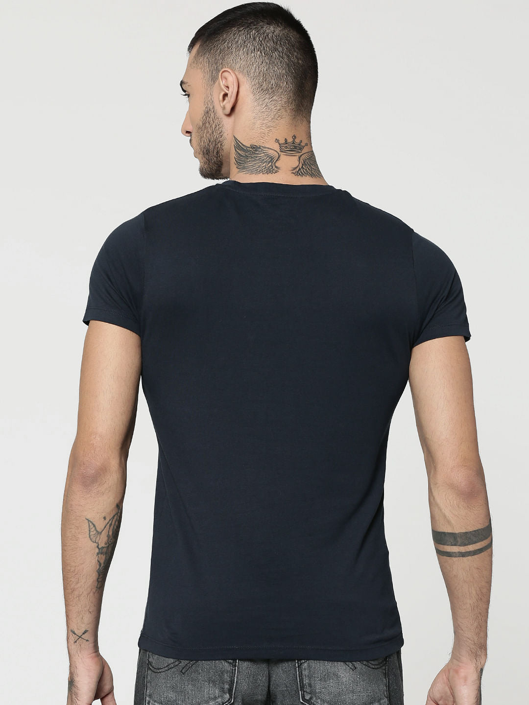 Dark Blue Straw Glass Print Crew Neck T-Shirt