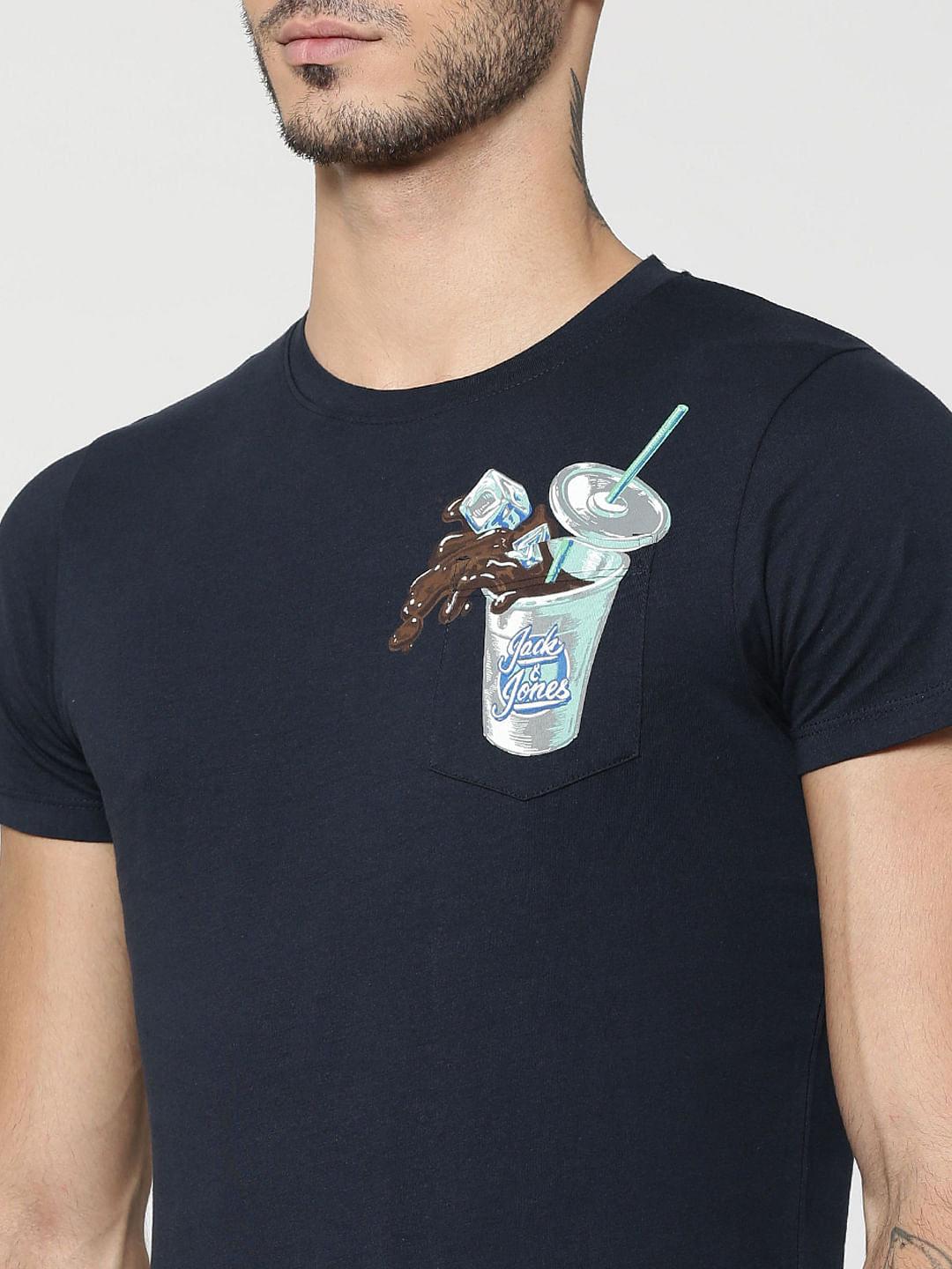 Dark Blue Straw Glass Print Crew Neck T-Shirt