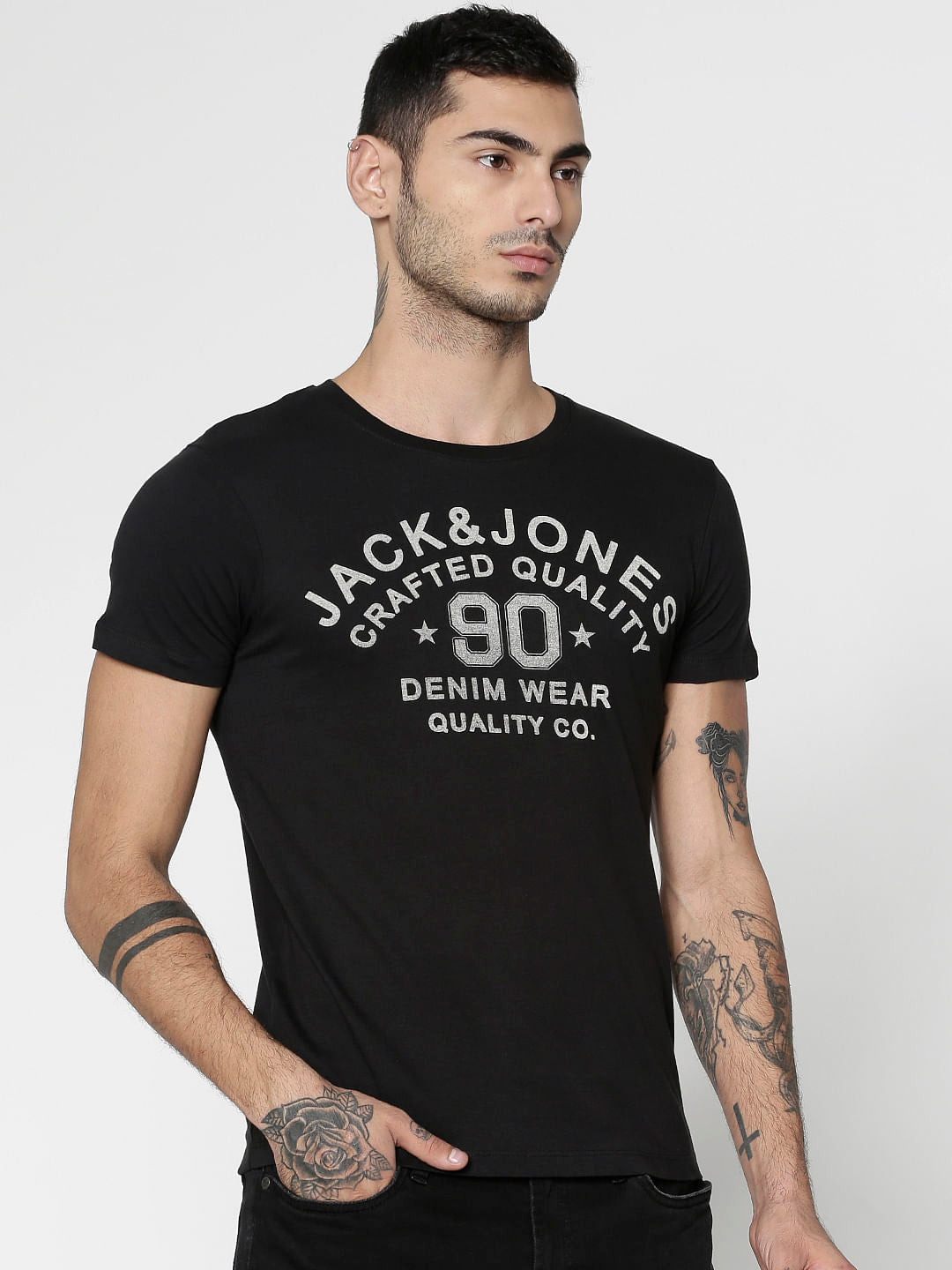 Black Text Print Slim Fit Crew Neck T-Shirt