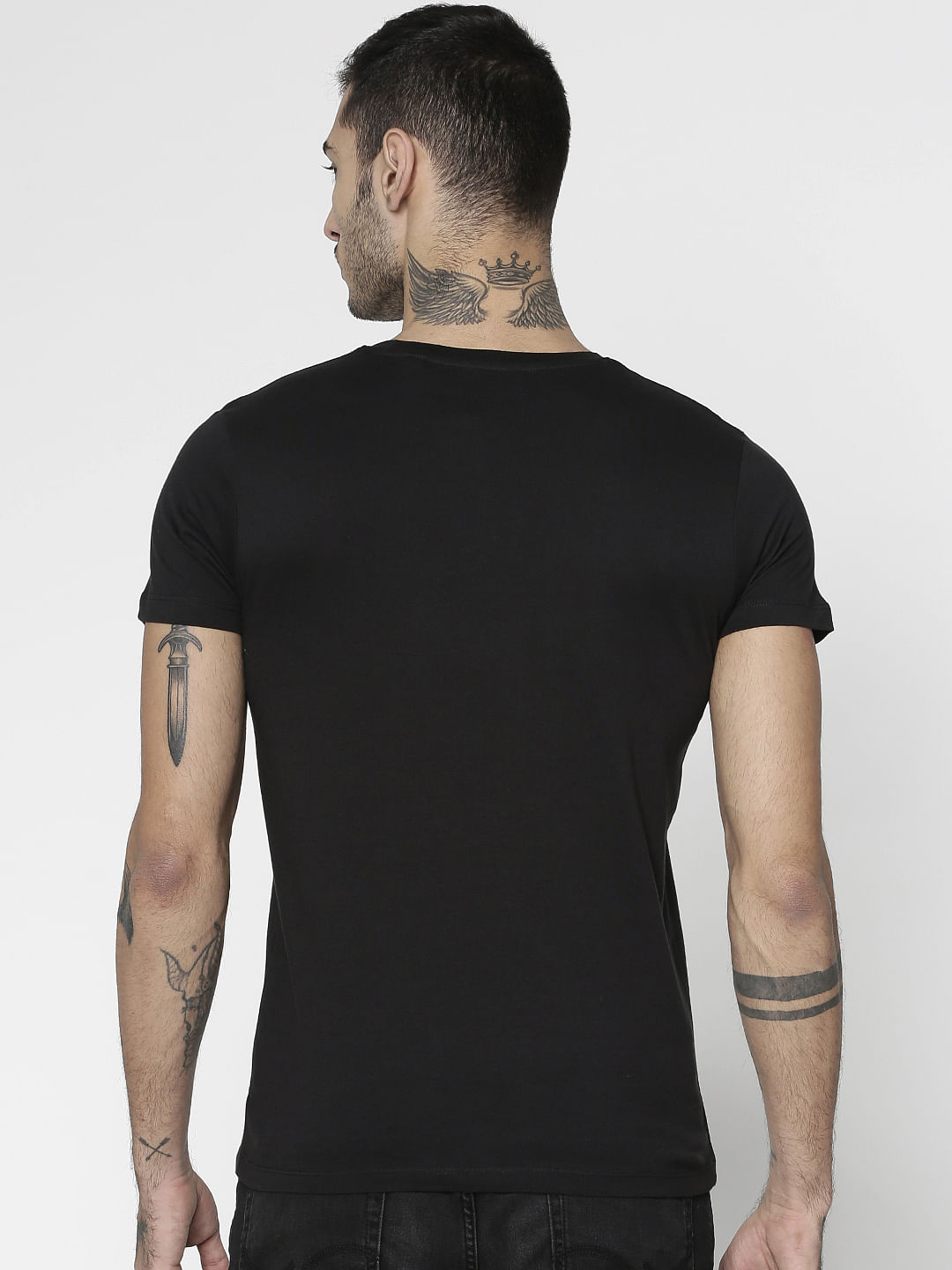 Black Text Print Slim Fit Crew Neck T-Shirt
