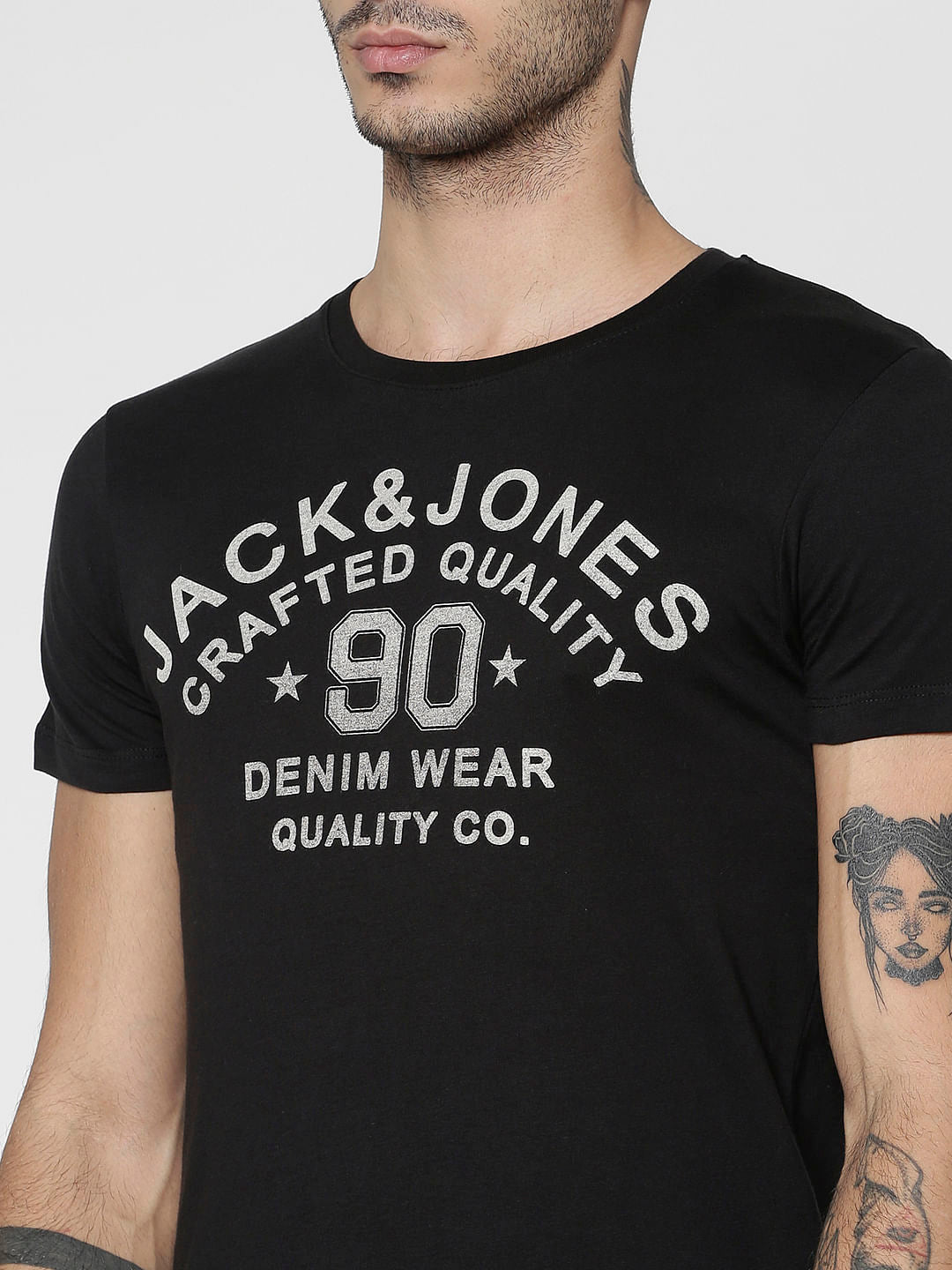 Black Text Print Slim Fit Crew Neck T-Shirt