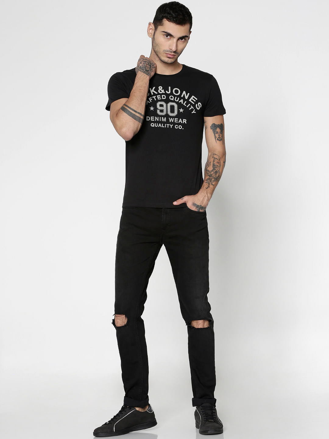 Black Text Print Slim Fit Crew Neck T-Shirt