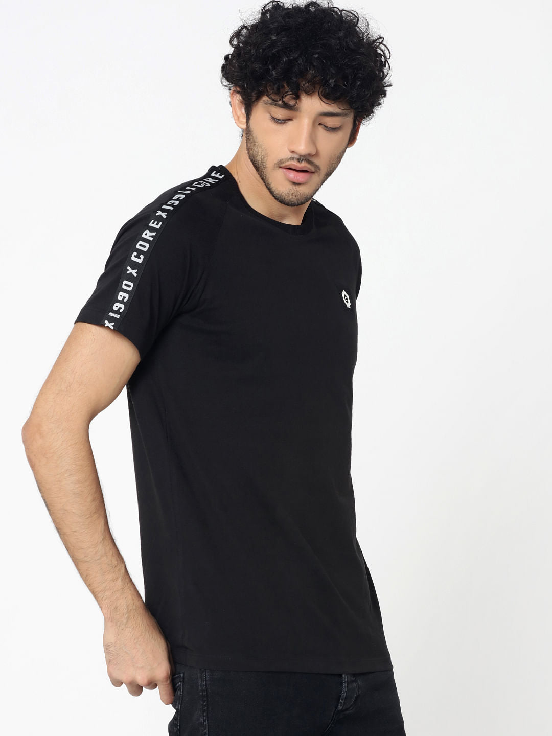 Black Sleeve Tape Detail Crew Neck T-Shirt