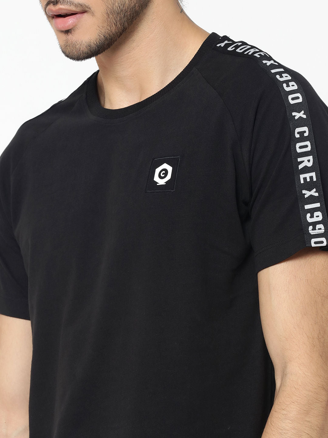 Black Sleeve Tape Detail Crew Neck T-Shirt
