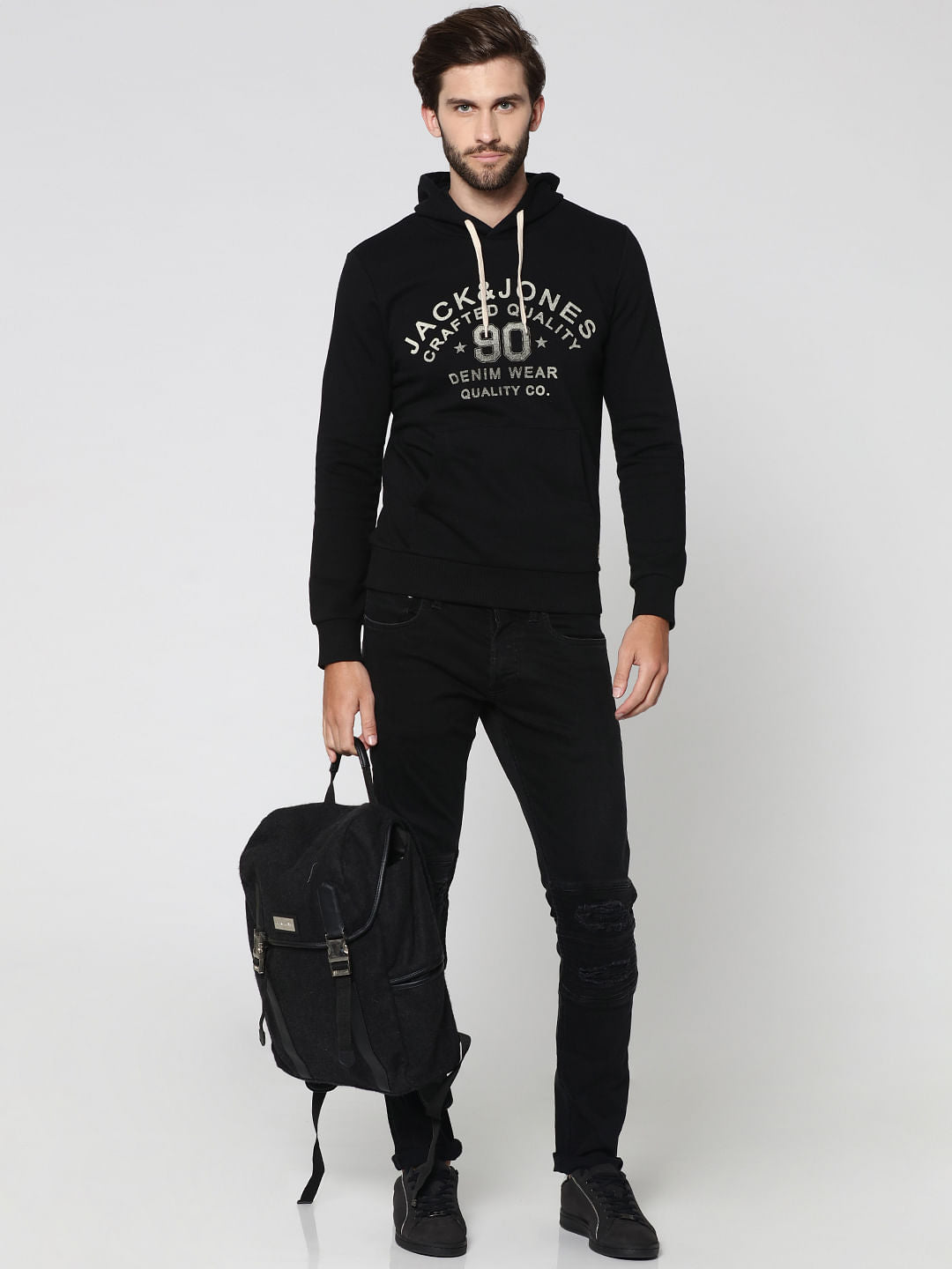Black Varsity Graphic Print Hooded Sweatshirt