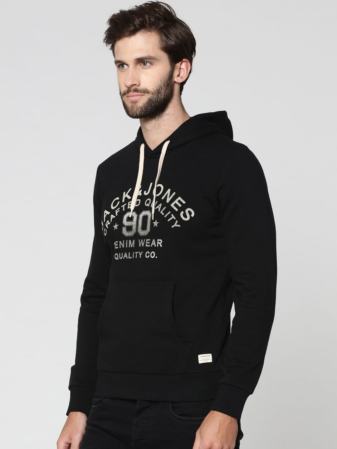 Black Varsity Graphic Print Hooded Sweatshirt