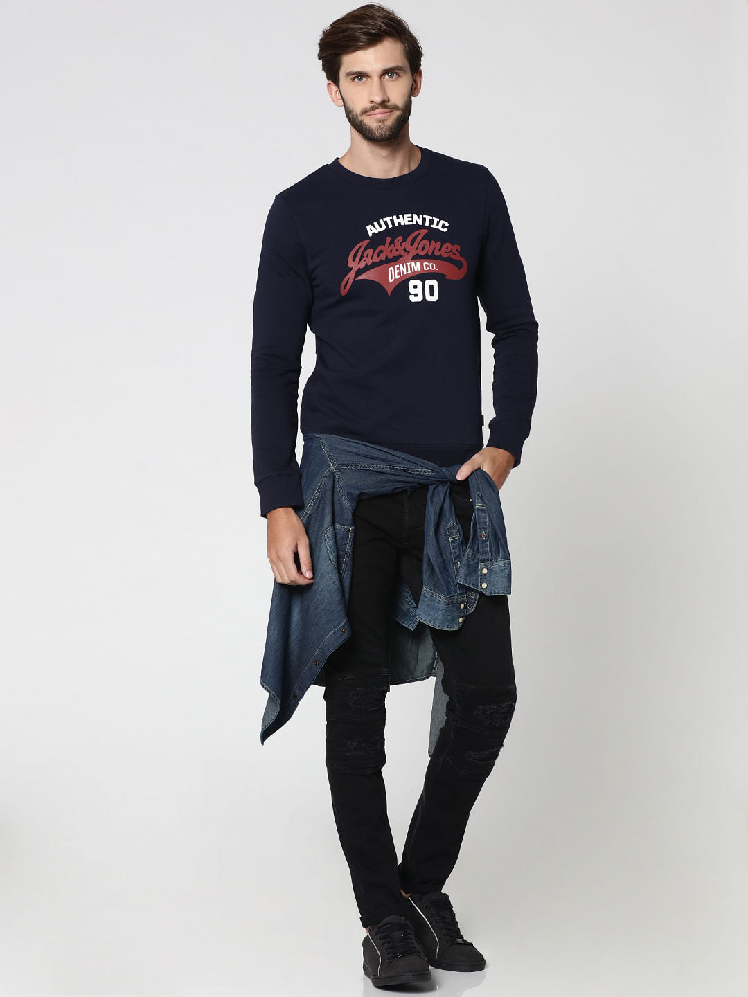 Dark Blue Graphic Print Crew Neck Sweatshirt