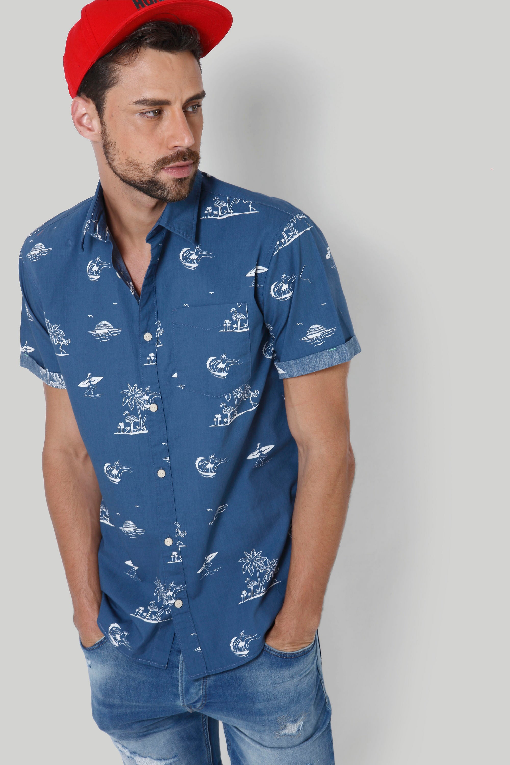 Blue Palm Tree Print Shirt