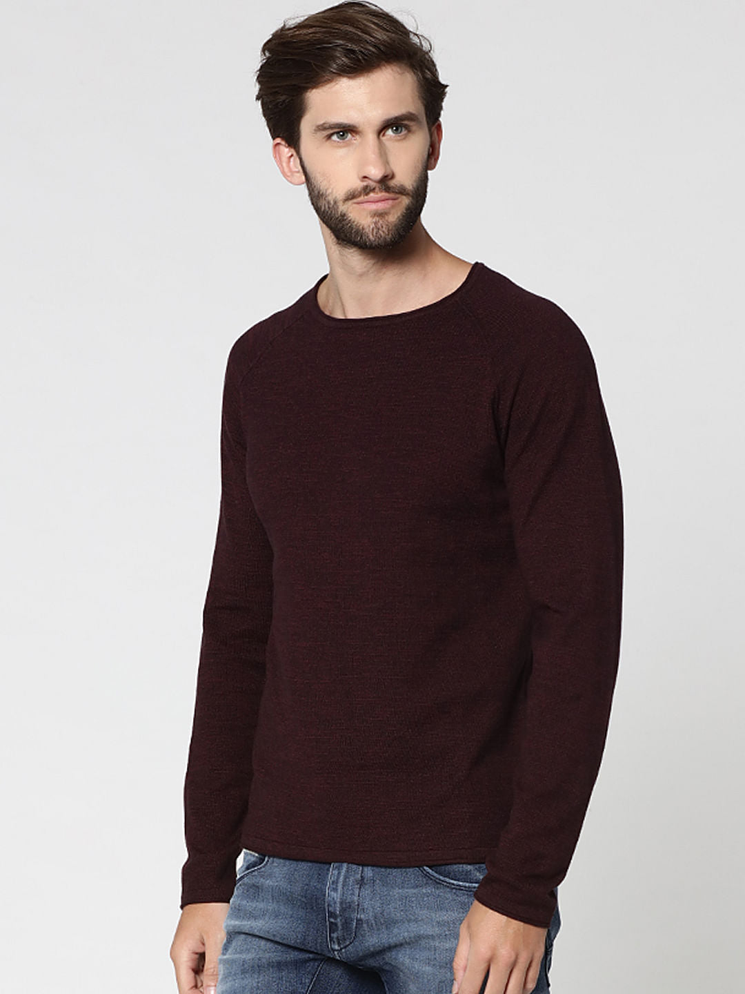 Burgundy Raglan Sleeves Crew Neck Sweatshirt
