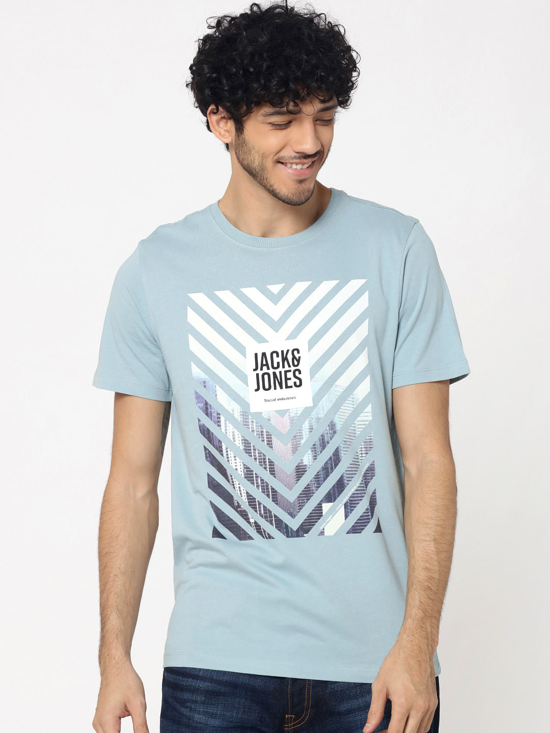 Blue Photo Print Crew Neck T-Shirt