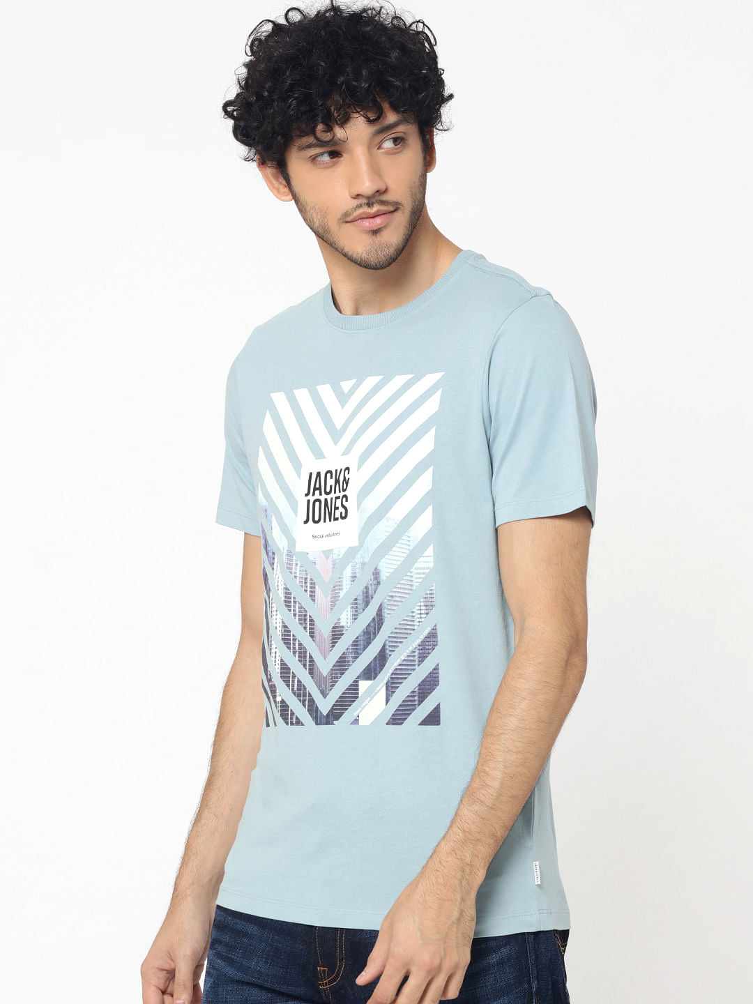 Blue Photo Print Crew Neck T-Shirt