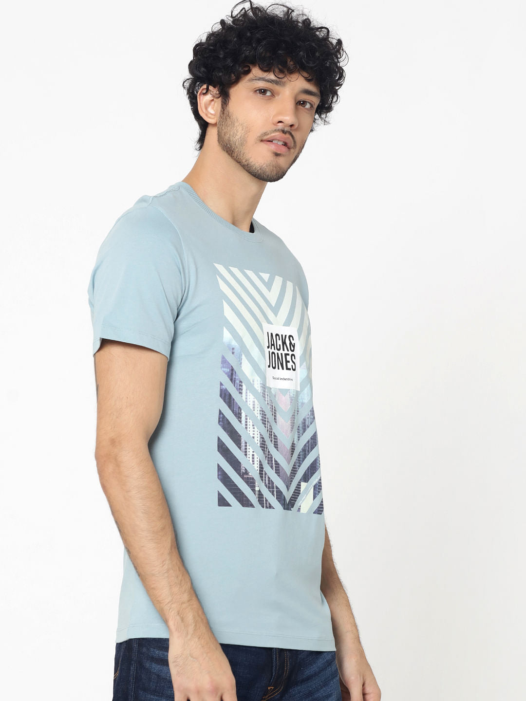 Blue Photo Print Crew Neck T-Shirt