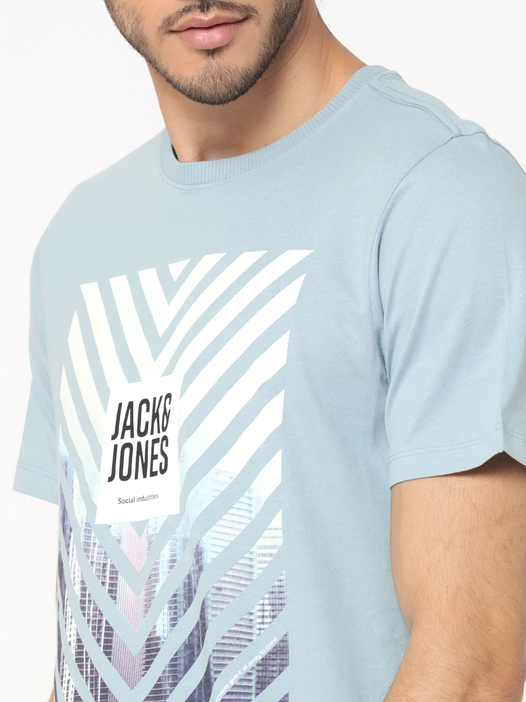 Blue Photo Print Crew Neck T-Shirt