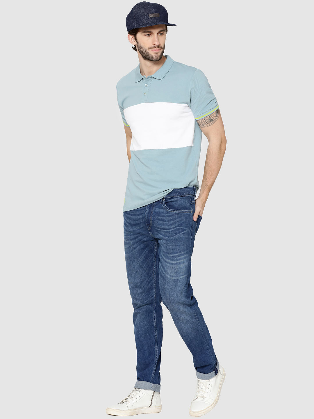 Light Blue Colour Blocked Polo T-Shirt