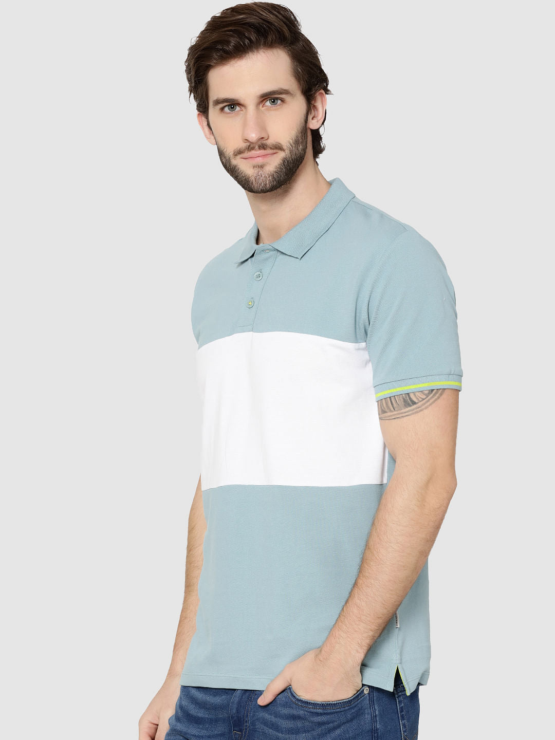 Light Blue Colour Blocked Polo T-Shirt