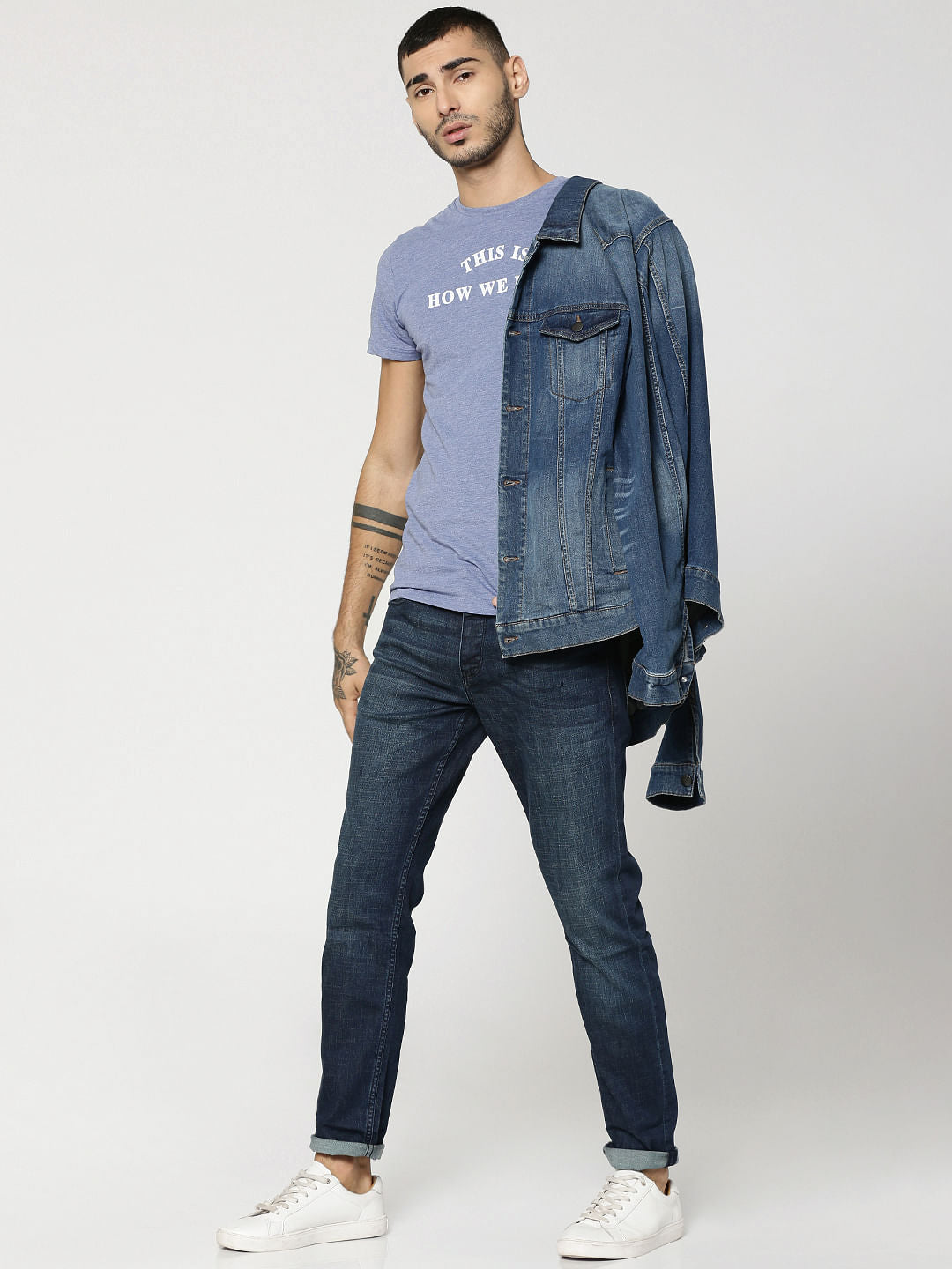 Light Blue Text Print Crew Neck T-Shirt