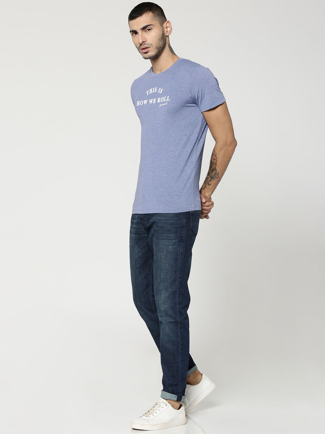Light Blue Text Print Crew Neck T-Shirt
