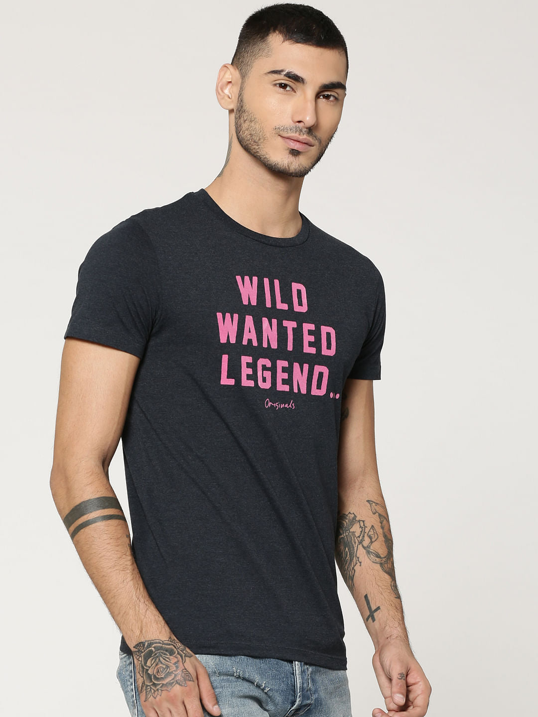 Dark Grey Text Print Crew Neck T-Shirt