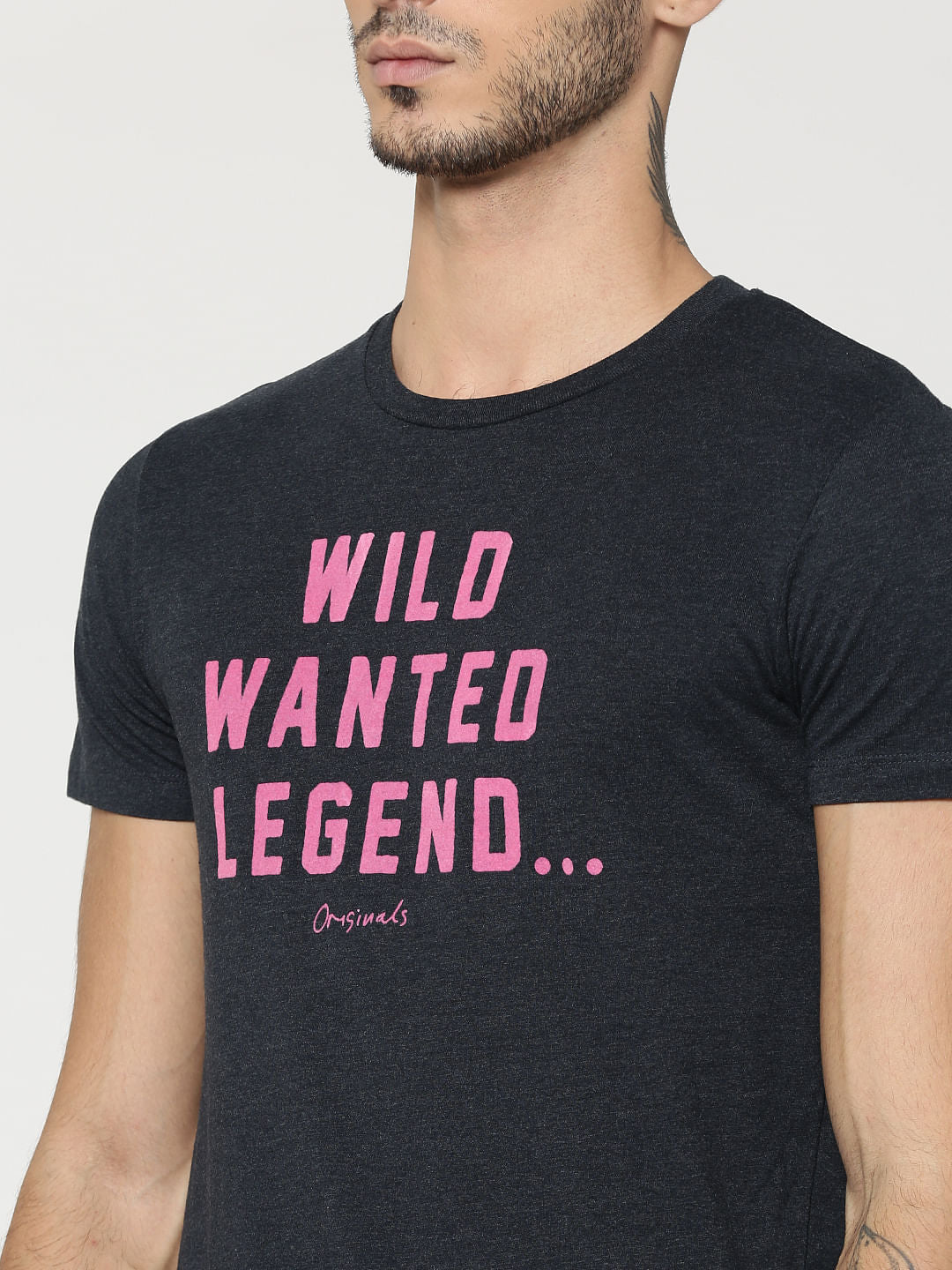 Dark Grey Text Print Crew Neck T-Shirt