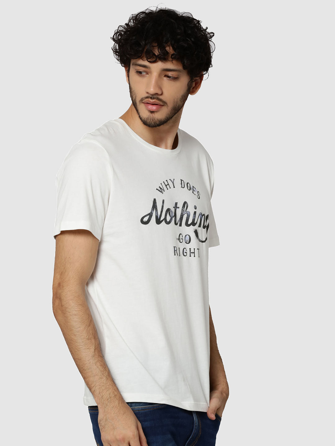 White Text Print Crew Neck T-Shirt