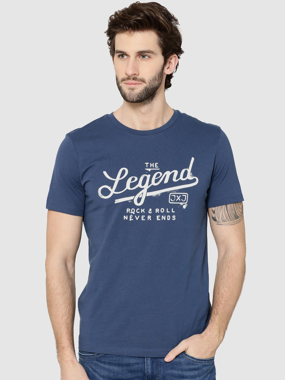 Blue Text Print Crew Neck T-Shirt
