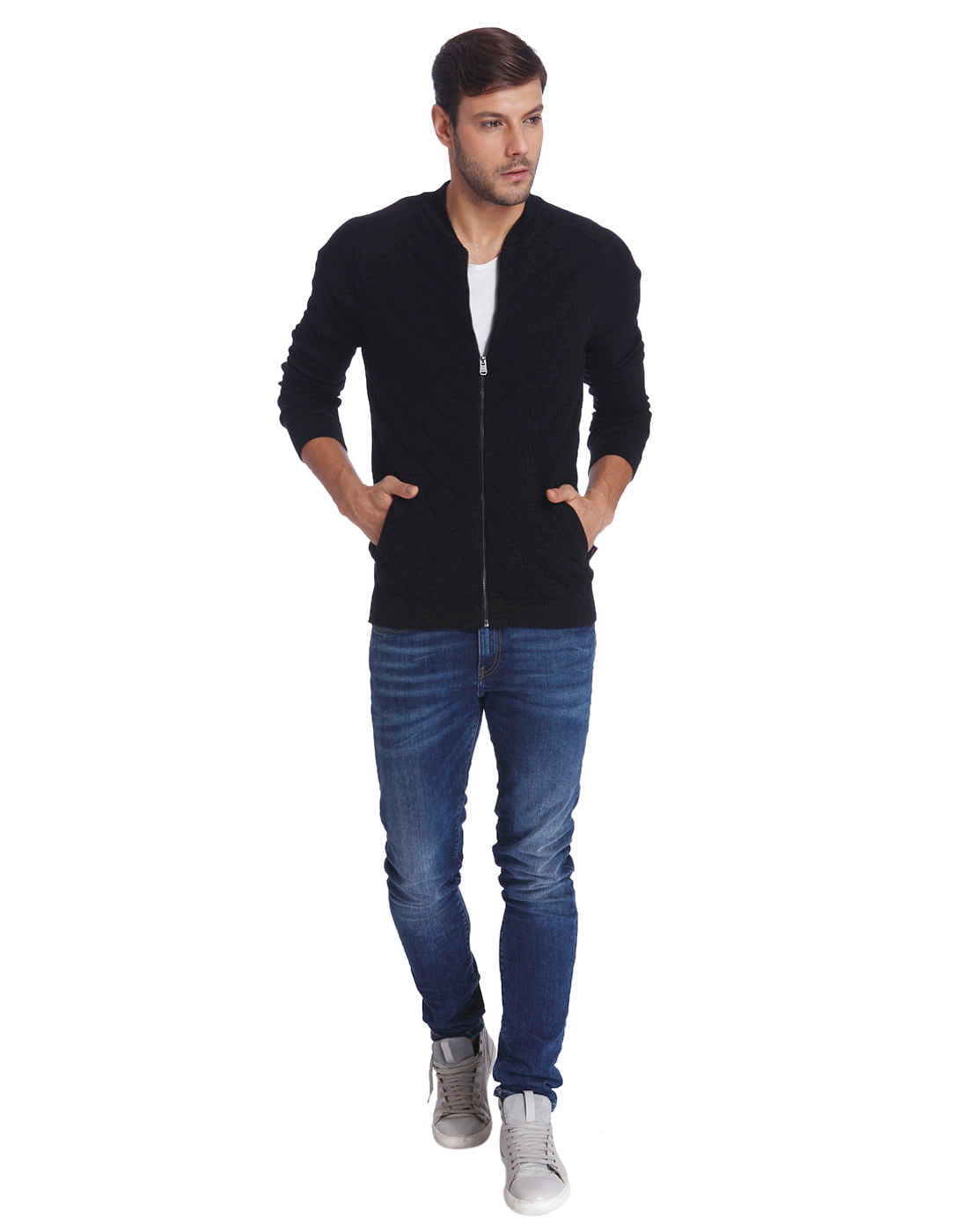 Black Quilted Zip Up Cardigan