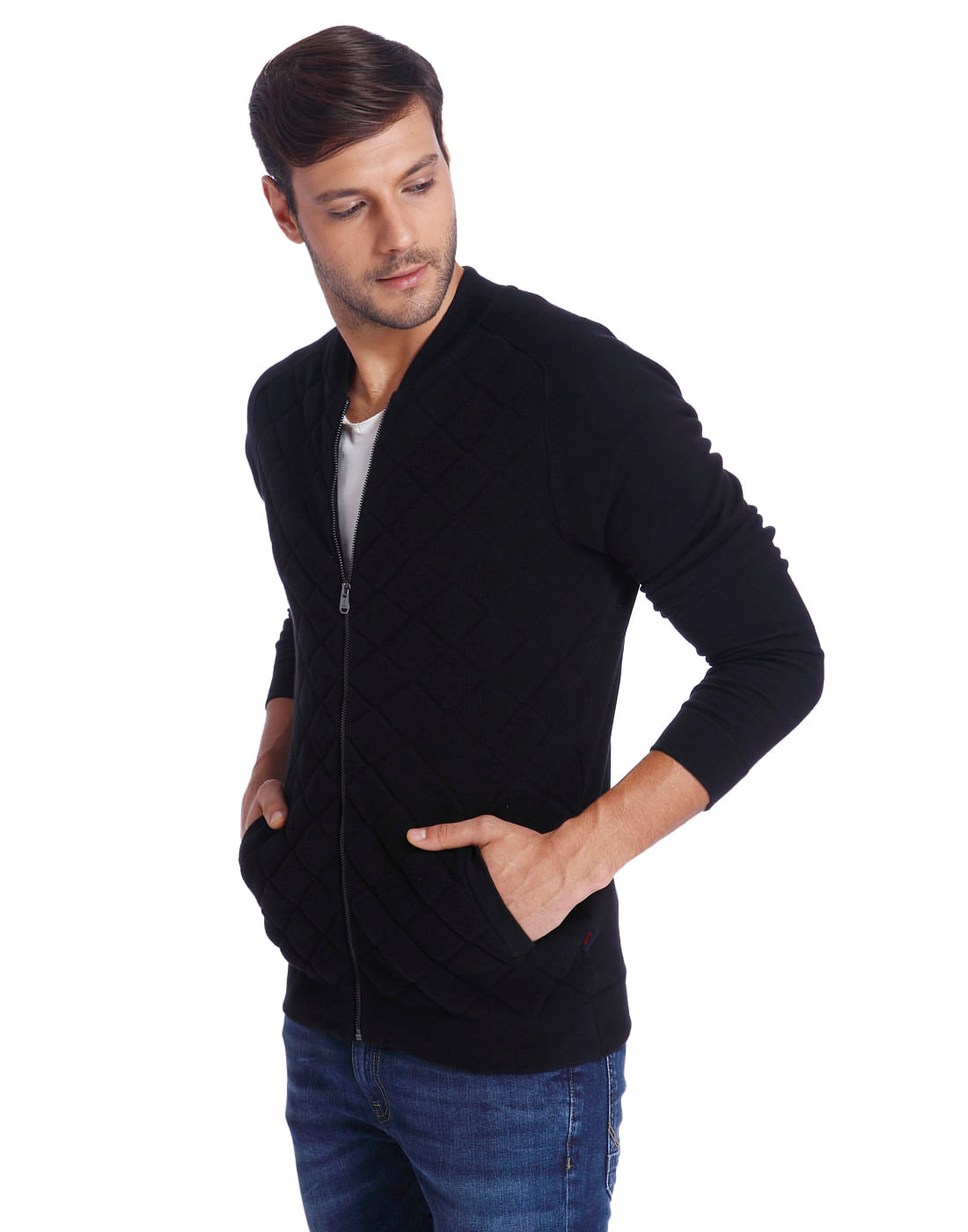 Black Quilted Zip Up Cardigan