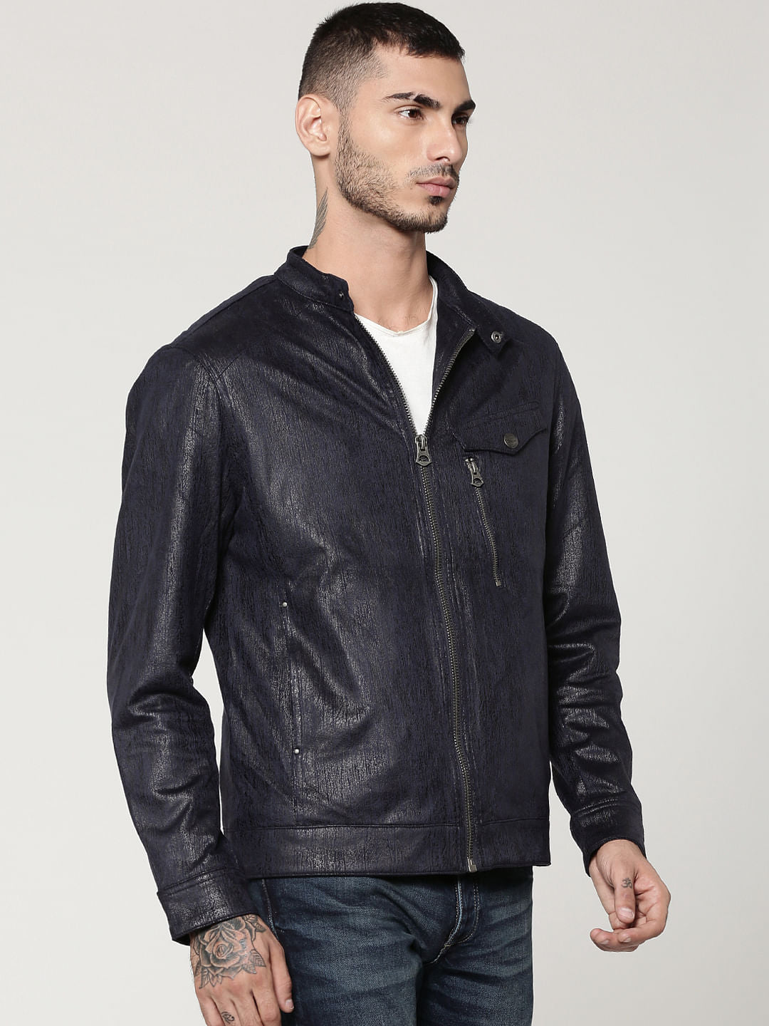 Dark Blue Textured Suede Biker Jacket