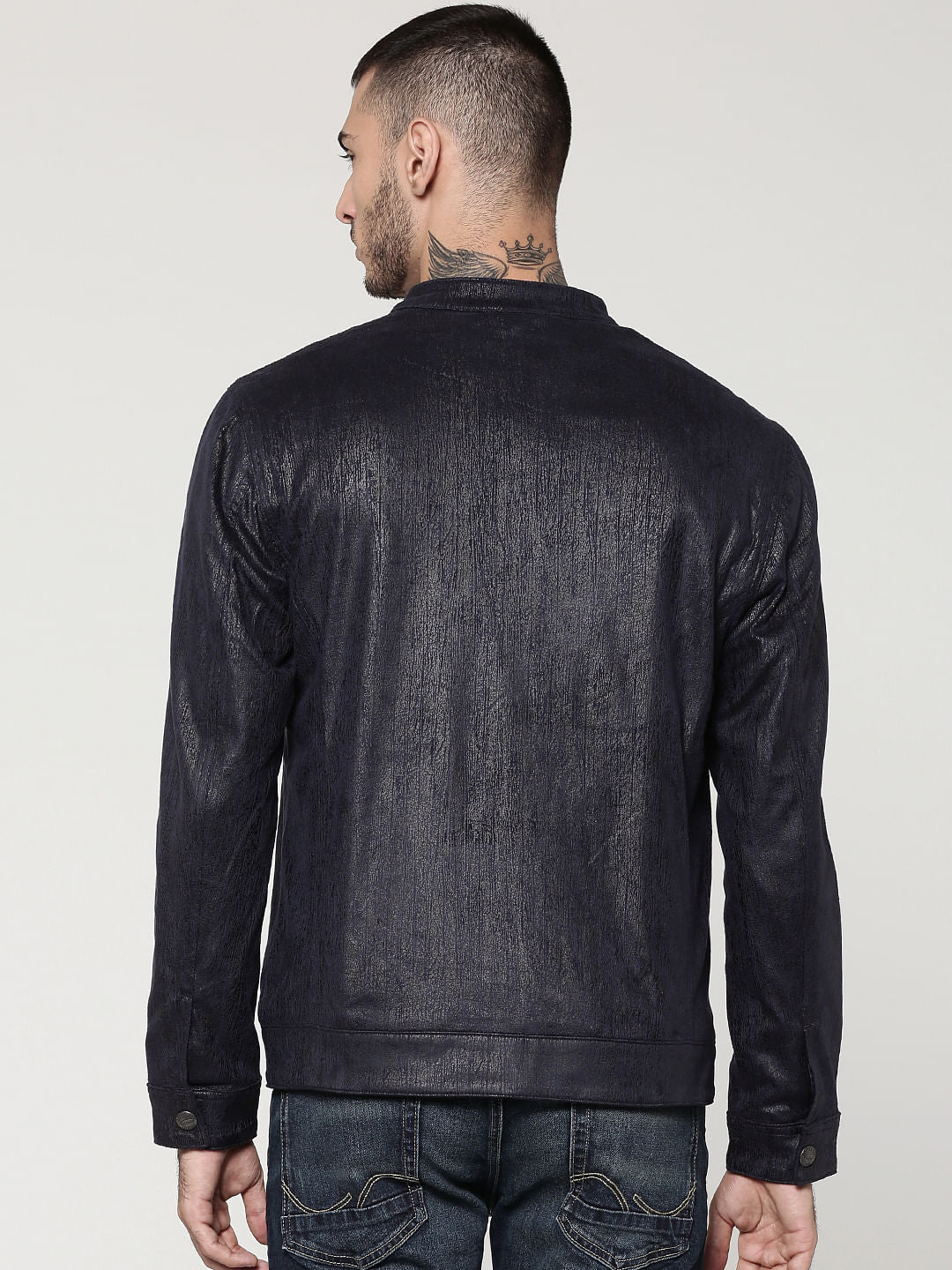 Dark Blue Textured Suede Biker Jacket
