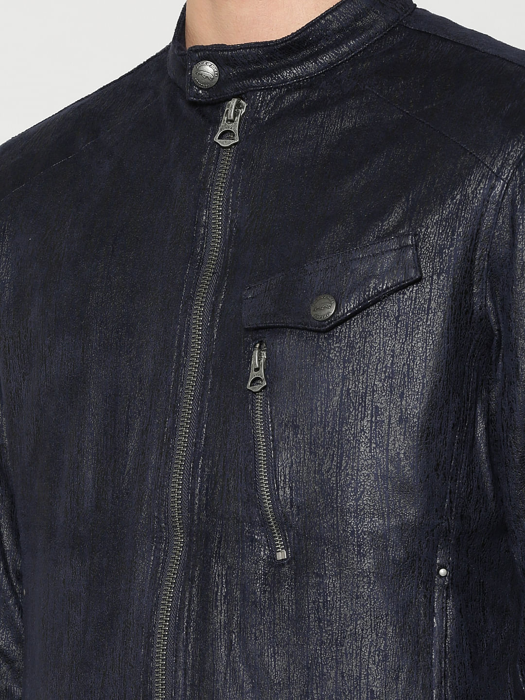 Dark Blue Textured Suede Biker Jacket