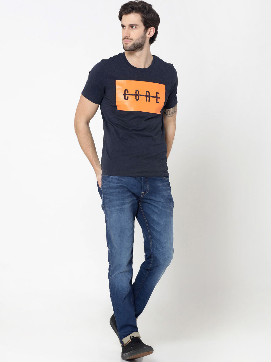 Blue Graphic Print Colour Blocked Crew Neck T-Shirt