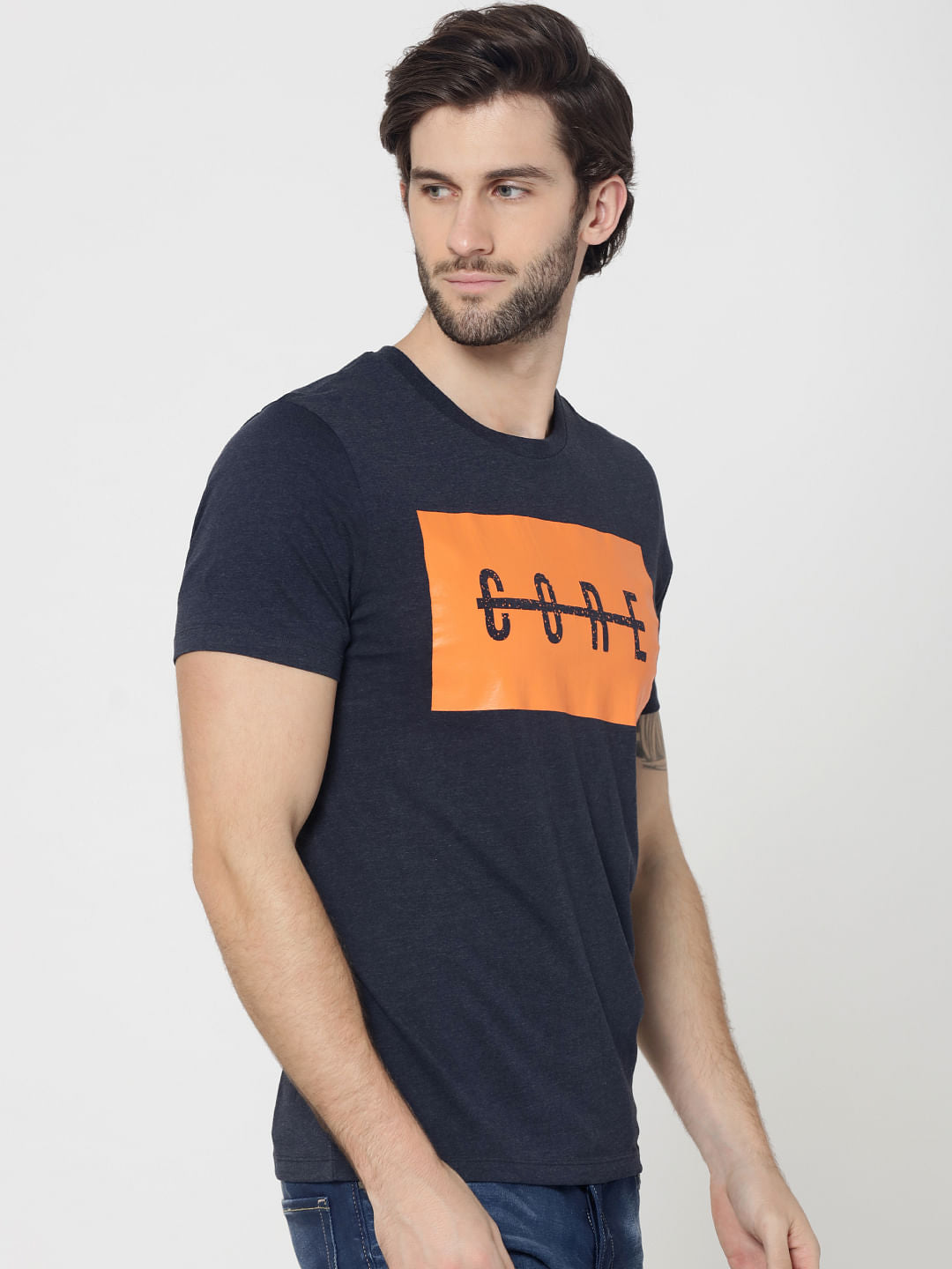 Blue Graphic Print Colour Blocked Crew Neck T-Shirt