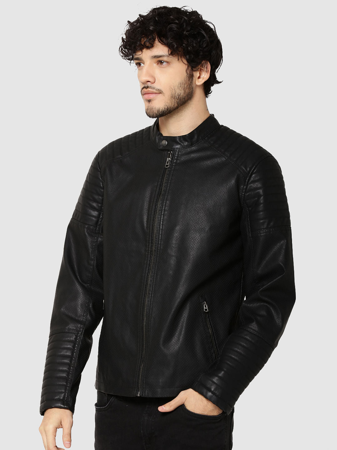 Black Ribbed Biker Jacket