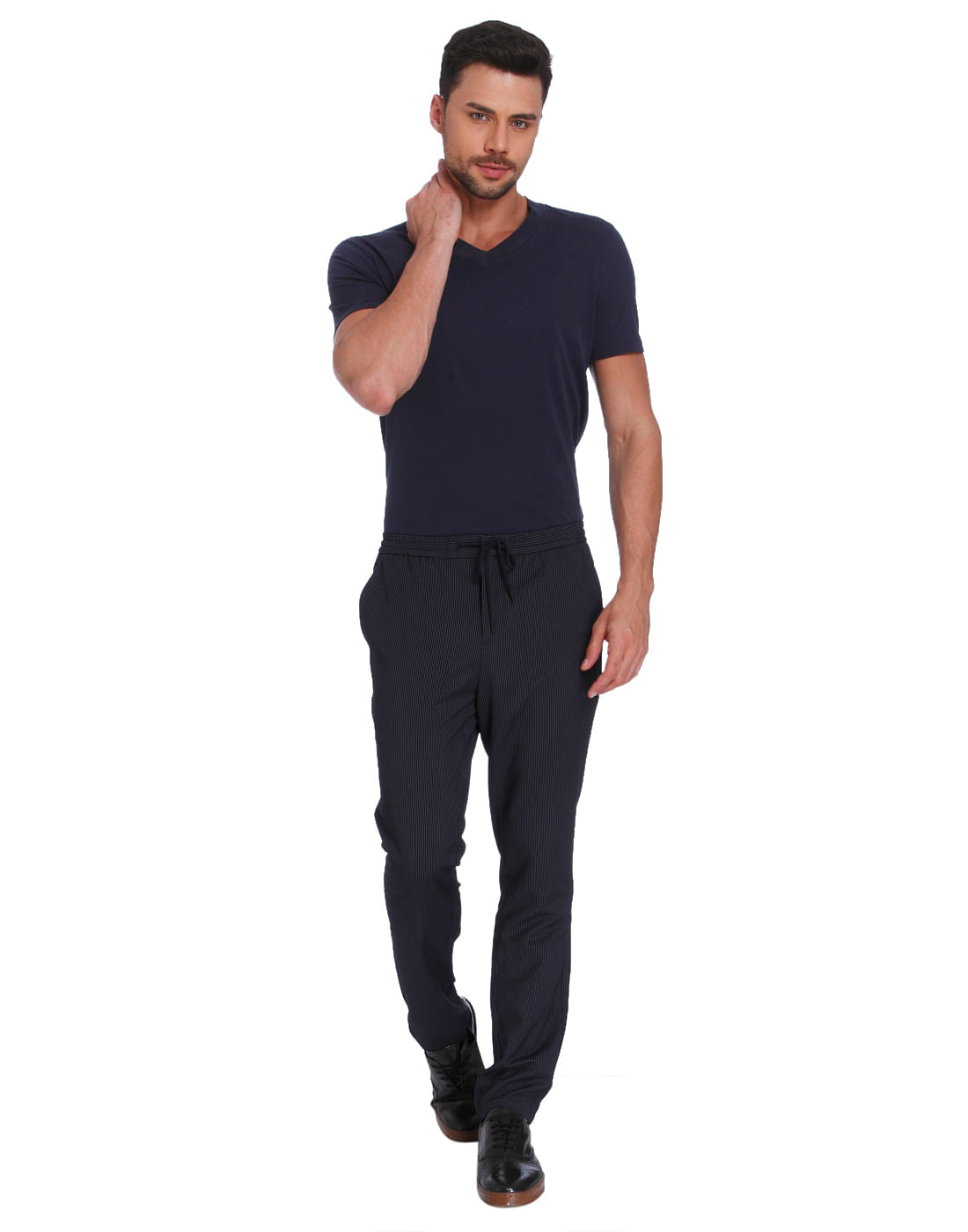 Dark Blue Striped Drawstring Slim Sweatpants